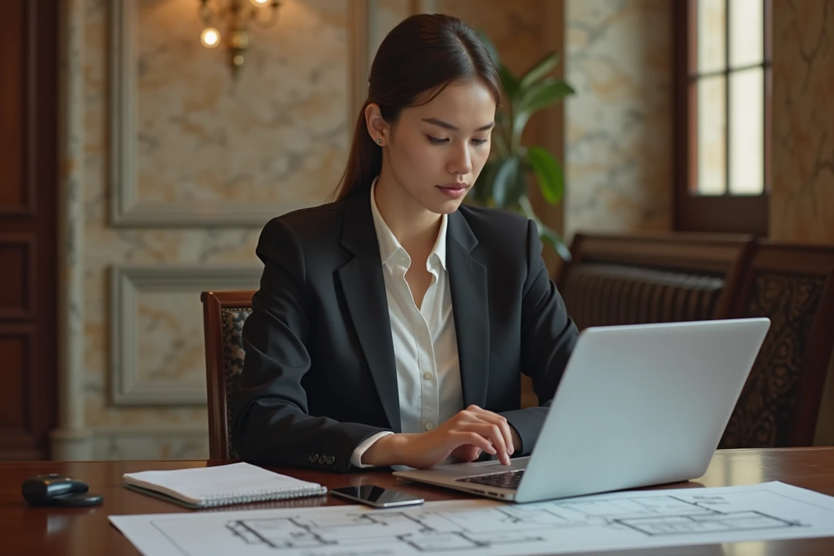 Jeune femme en gestion immobilière dans un hall ancien