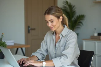 Femme utilisant myfoncia.com pour centraliser ses documents de gestion locative sur un ordinateur portable à son bureau à domicile