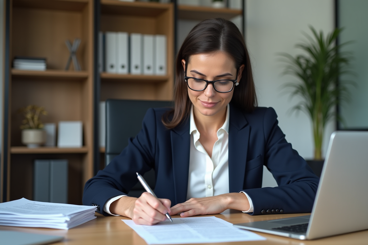 Femme d'affaires remplissant des formulaires fiscaux dans un bureau moderne