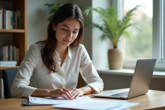 Femme professionnelle gérant des locations dans un bureau lumineux