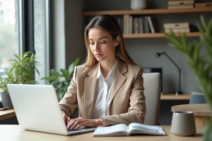 Jeune femme professionnelle consultat des annonces immobilières