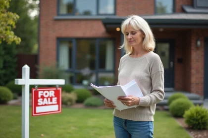 Femme d'âge moyen avec documents immobiliers devant une maison