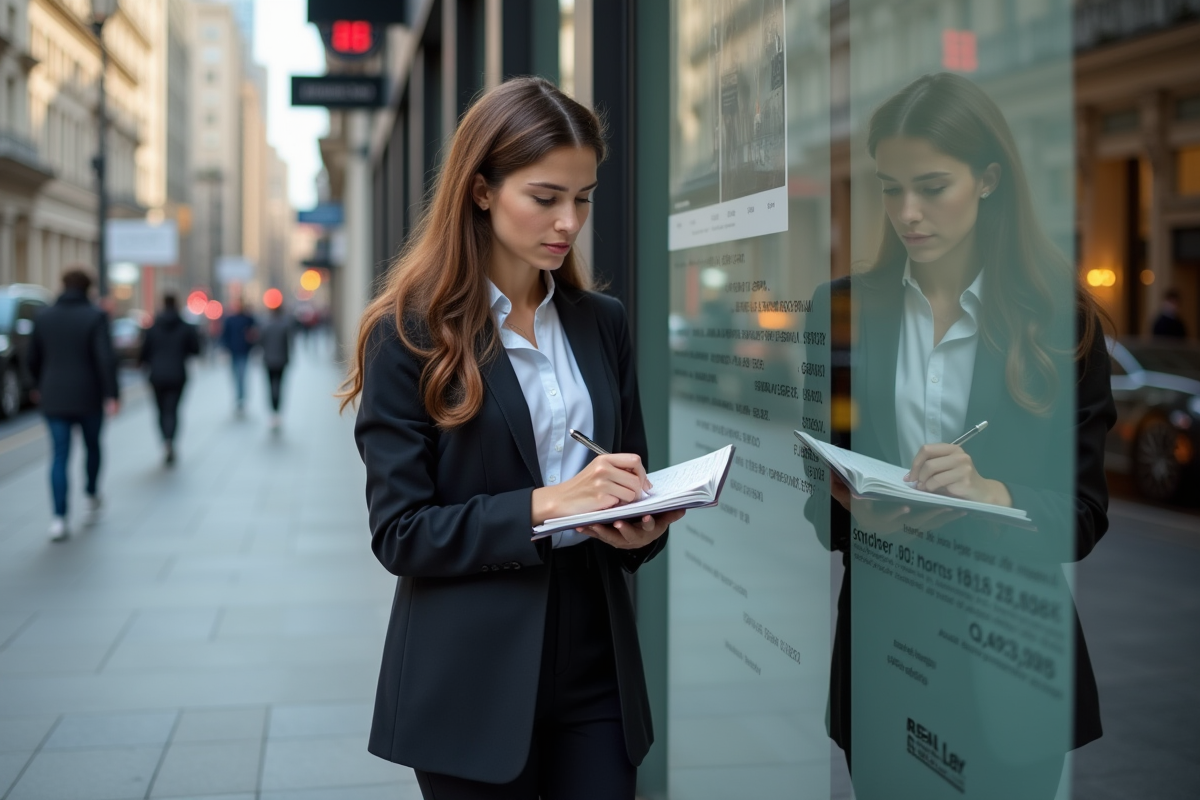 Jeune femme en costume notant des chiffres devant une vitrine d
