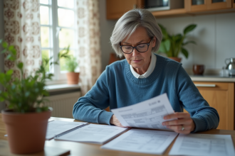 Femme moyenne âge vérifiant ses documents fiscaux à la maison