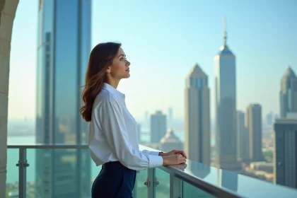 Jeune femme regardant la ville de Jumeirah Lakes Towers