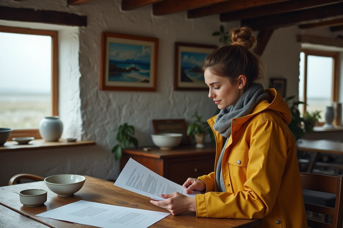 Femme dans un cottage breton examine des documents immobiliers