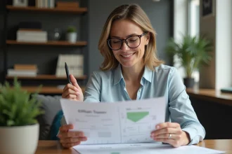 Femme d'âge moyen lisant un rapport geo dans un bureau