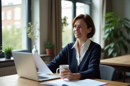 Femme lisant des documents dans un appartement lumineux