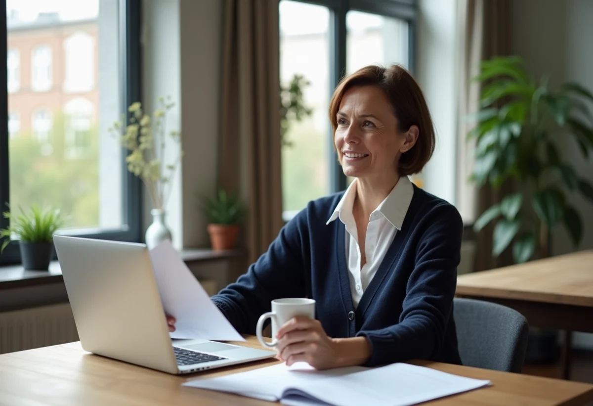 Femme lisant des documents dans un appartement lumineux