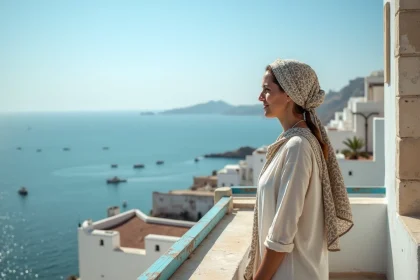 Femme marocaine contemplant l'océan depuis un balcon à Essaouira