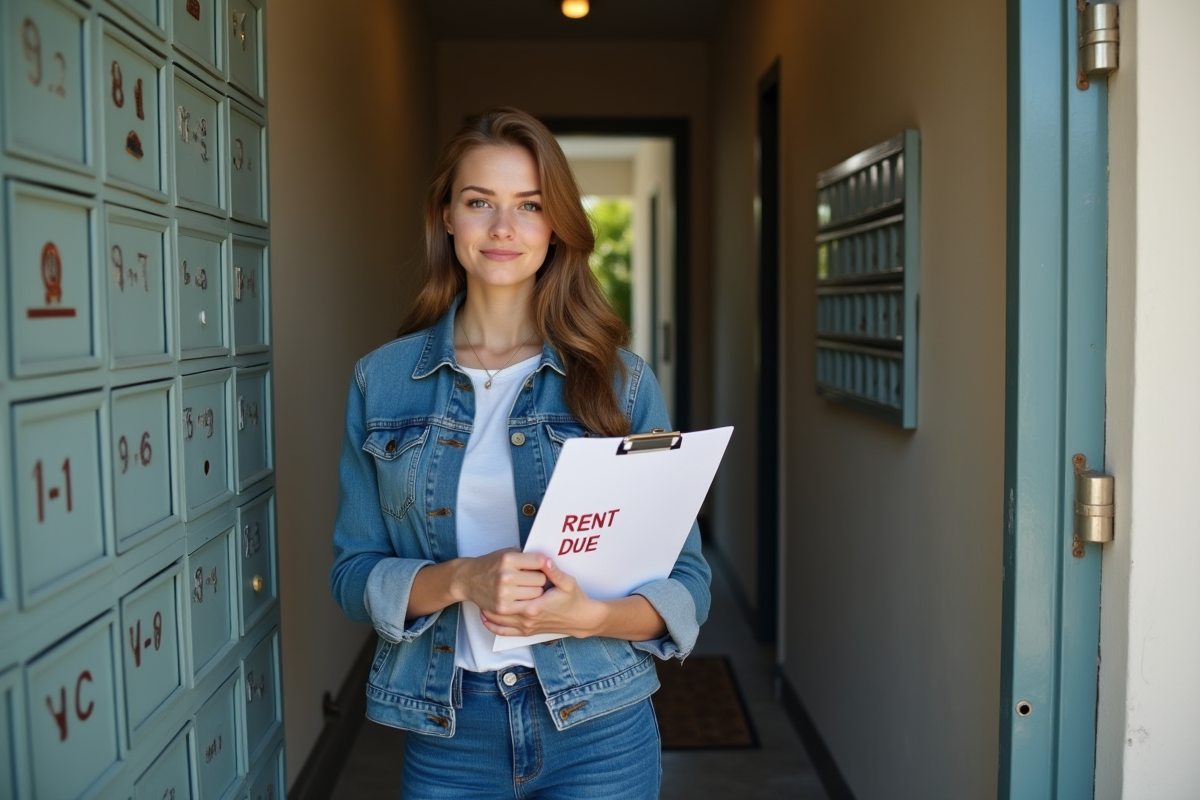 Jeune femme avec un dossier de loyer à la porte d