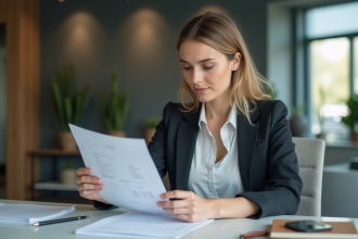 Femme d affaires en bureau moderne examinant des documents
