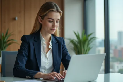 Femme en blazer navy travaillant sur son ordinateur dans un bureau moderne
