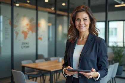 Femme d'affaires à Lyon tenant une tablette dans un bureau moderne