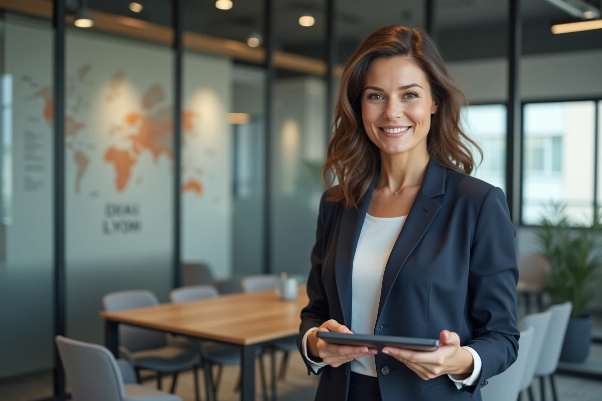 Femme d'affaires à Lyon tenant une tablette dans un bureau moderne