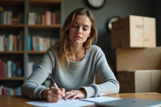 Femme rédigeant une lettre de préavis de logement à la main sur un bureau en bois avec des cartons de déménagement en arrière-plan