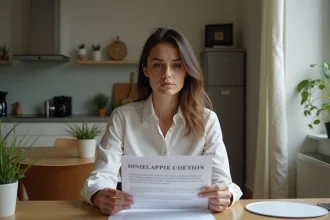 Femme anxieuse tenant un refus de location dans un appartement français