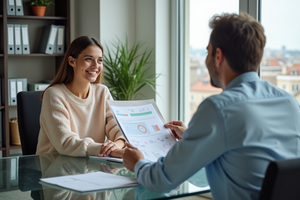 Femme souriante rencontrant un conseiller financier en bureau moderne