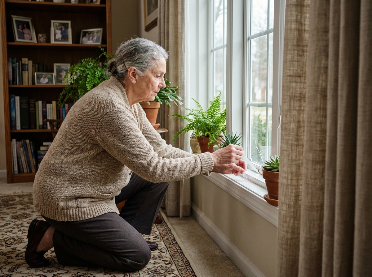 Femme âgée collant une bande sur une vitre cassée