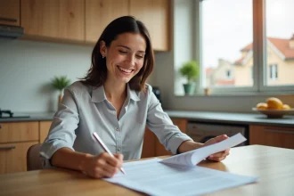 Femme souriante signant des papiers dans une cuisine moderne