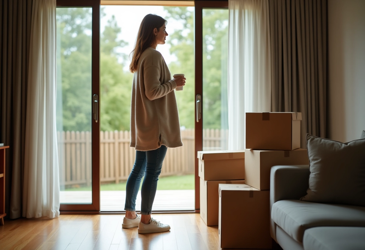 Femme regardant par la porte-fenêtre dans une maison