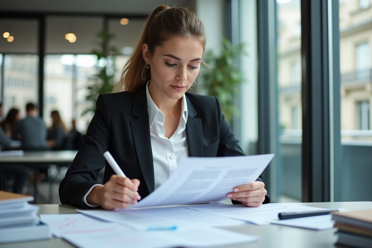 Jeune femme en réunion avec documents juridiques