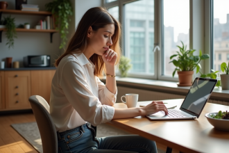 Jeune femme travaillant sur son ordinateur dans un appartement lumineux