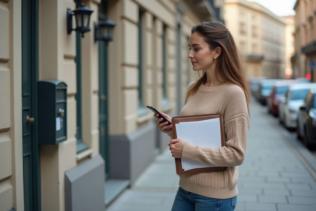 Jeune femme dans la ville avec dossier et smartphone