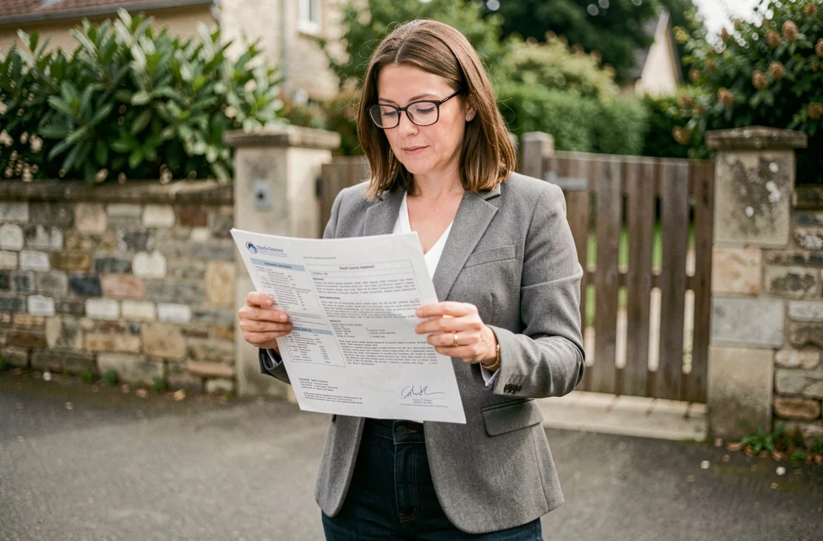 Femme vérifiant un panneau de déclaration de travaux plastifié devant une propriété résidentielle française