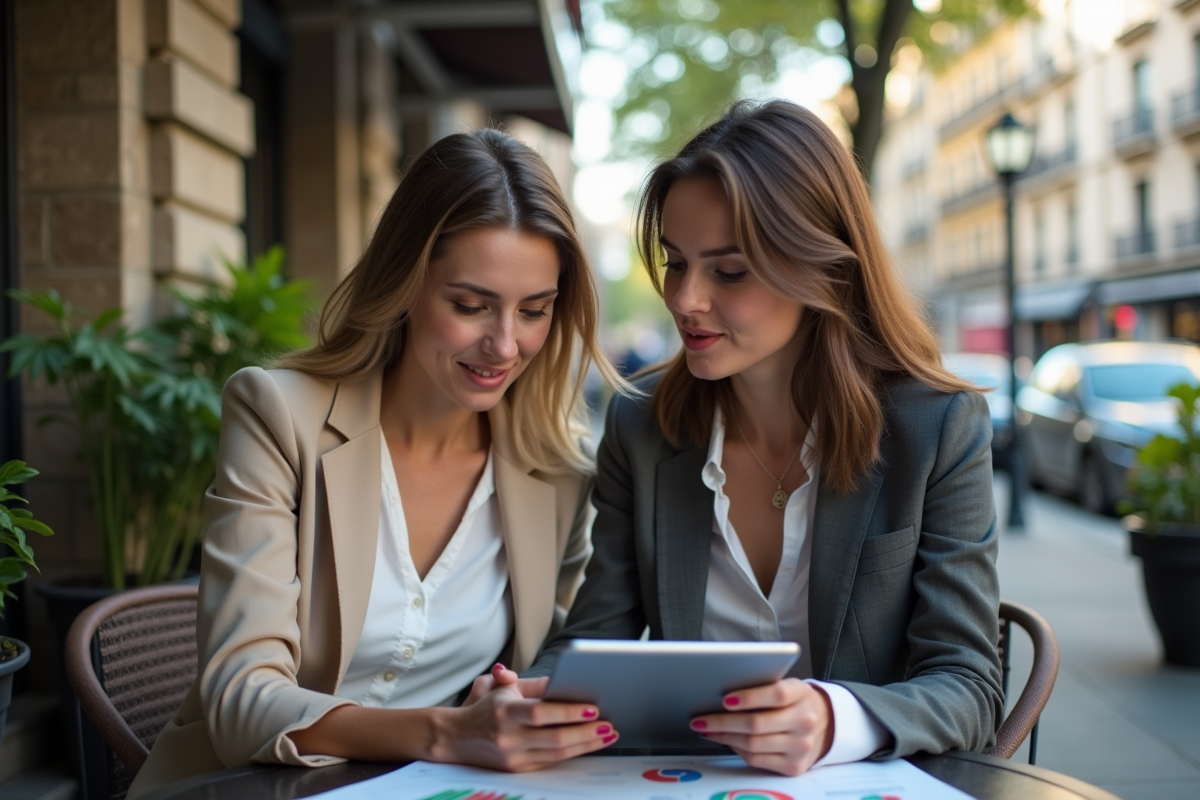 Deux femmes discutant de graphiques financiers en extérieur