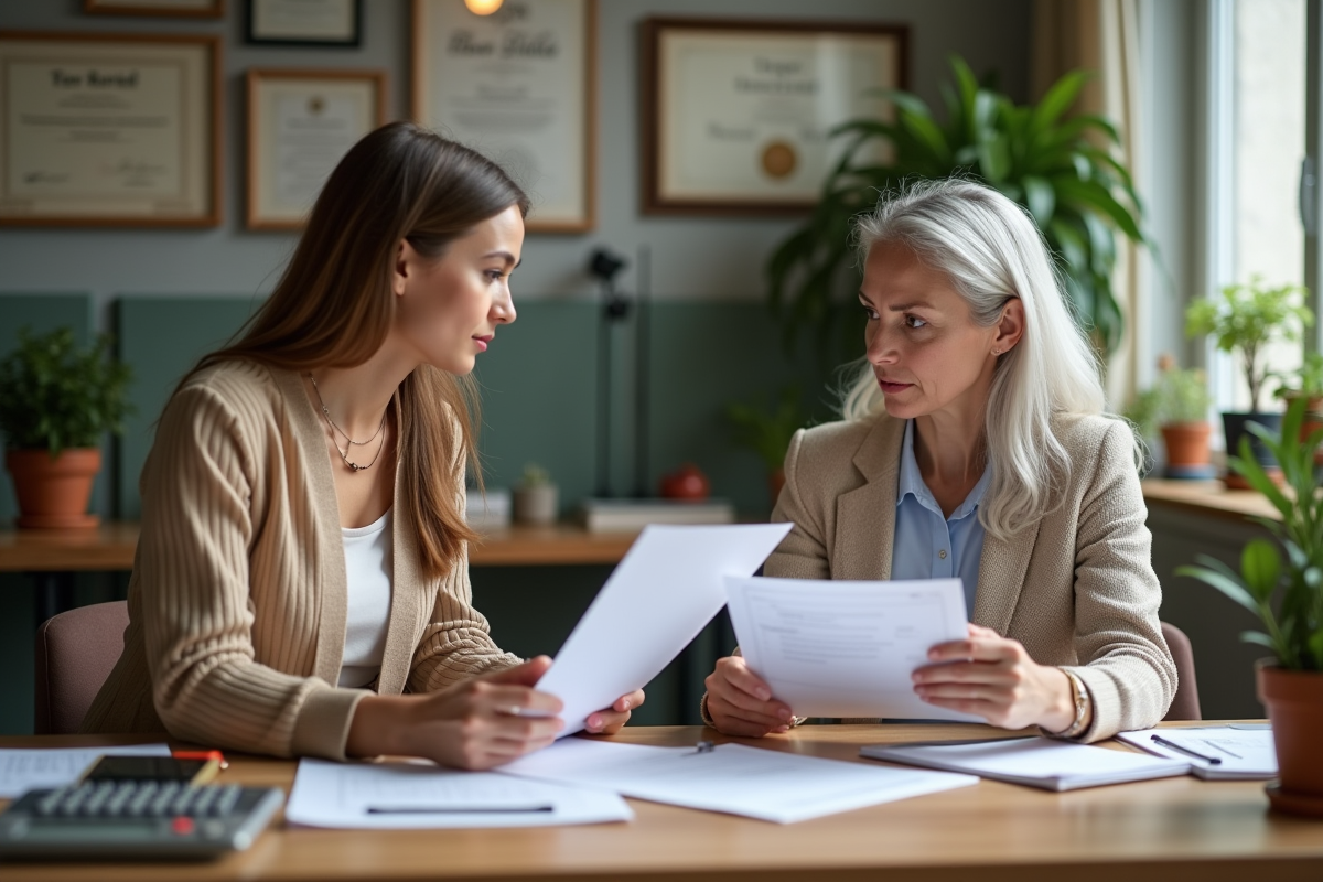 Deux femmes discutant de documents de location dans un bureau