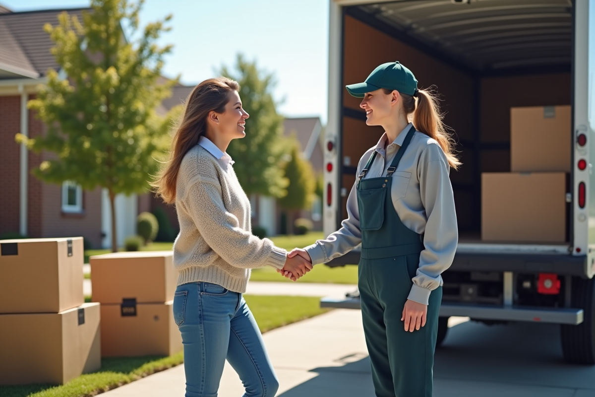 Deux femmes se serrant la main devant un camion de déménagement