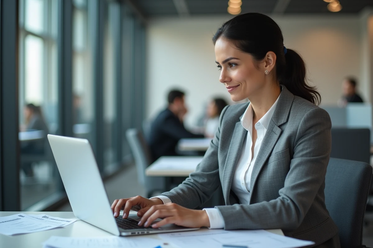 Femme utilisant un formulaire APL bailleur en version numérique sur ordinateur portable au bureau