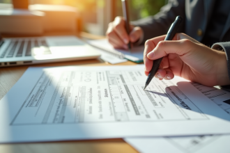 Formulaire fiscal français sur un bureau lumineux avec une main qui écrit