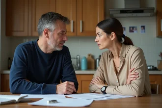 Deux frères et sœurs adultes discutant de la vente d'une maison familiale autour d'une table avec des documents et une clé de maison