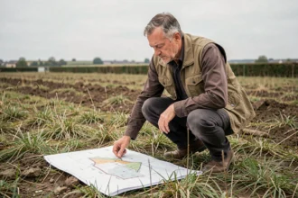 Géomètre expert analysant un plan de terrain en ares sur une parcelle de campagne française