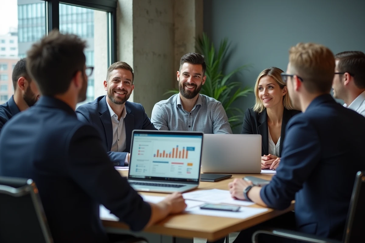 Groupe de gestionnaires immobiliers en réunion moderne