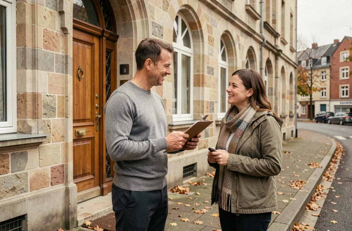 Agent de gestion locative et locataire devant un immeuble traditionnel en pierre en Moselle