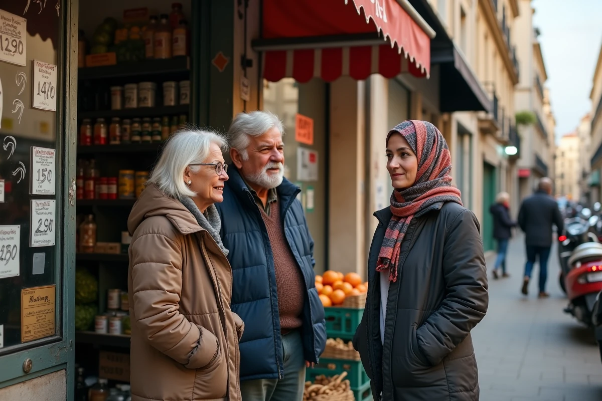 Groupe d'habitants du Quartier Nord de Villeneuve-Saint-Georges devant une épicerie de proximité