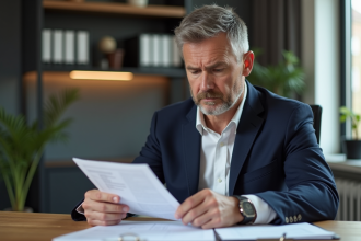 Homme d'affaires en blazer bleu examine des documents officiels
