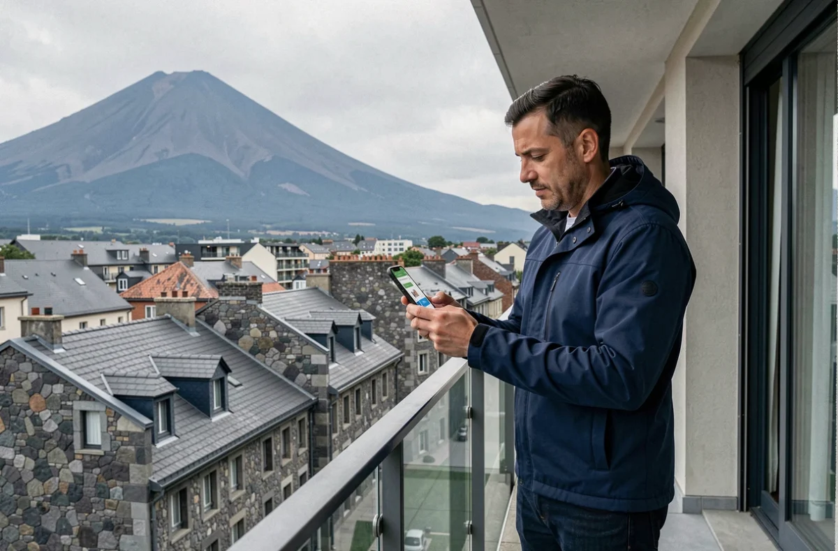 Homme consultant des offres d'assurance habitation sur smartphone avec vue panoramique sur Clermont-Ferrand et le Puy de Dôme