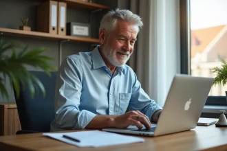 Homme d'âge moyen travaillant sur son ordinateur dans un bureau moderne