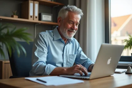 Homme d'âge moyen travaillant sur son ordinateur dans un bureau moderne