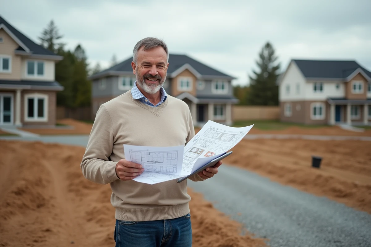 Homme vérifiant un plan de construction en extérieur