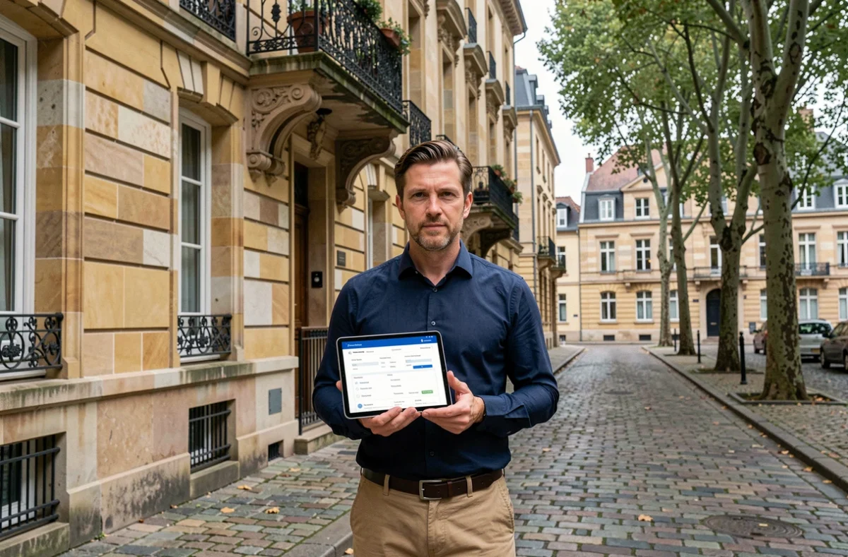 Homme comparant des offres d'assurance habitation devant un immeuble en pierre de Metz