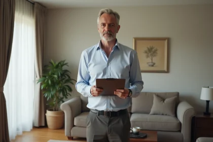 Homme d'âge moyen en tenue décontractée dans un salon bien tenu