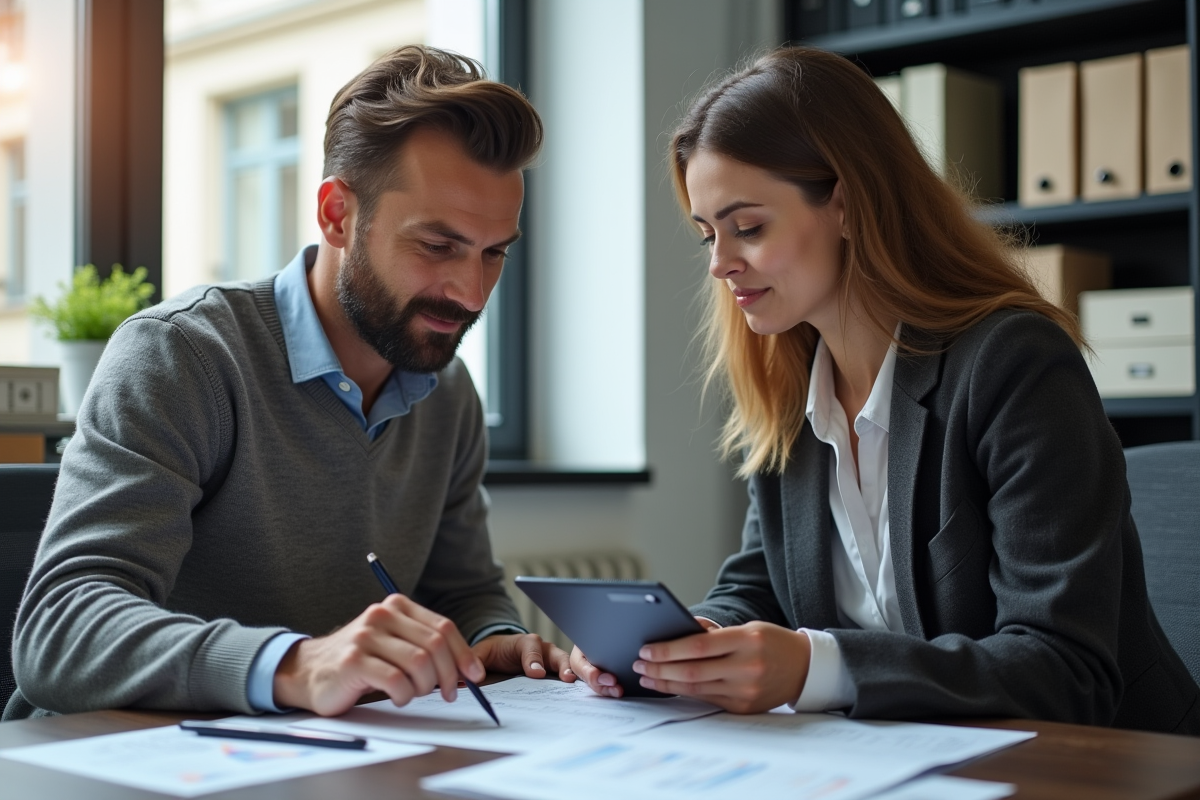 Homme et conseillère fiscale discutant dans un bureau moderne