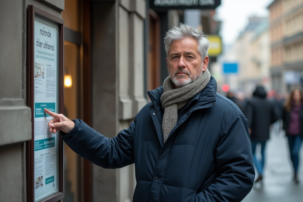 Homme vérifiant une affiche de location dans une rue urbaine