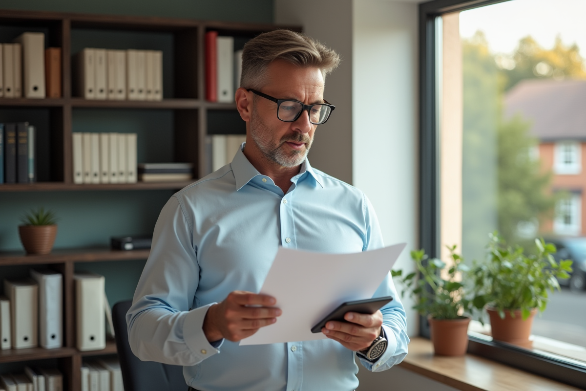 Homme d age réfléchissant avec contrat et calculatrice