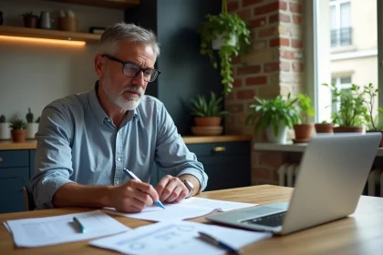 Homme d age moyen avec contrats et ordinateur à Paris